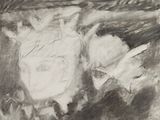 drawing of a black and white drawing of a woman ' s face and a man ' s head