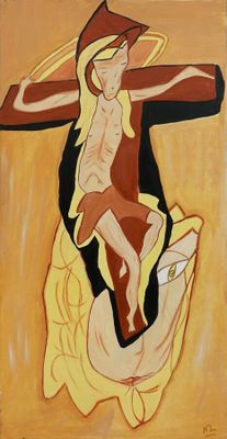 une image représentant un tableau d'une femme portant une croix sur l'épaule