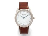 an image of a wrist watch with a white dial and brown leather strap