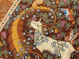 a picture of a painting of a goat in a field of flowers
