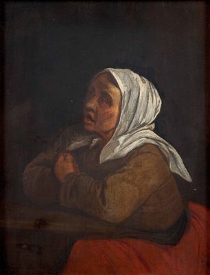 un vieux tableau représentant une femme portant un foulard blanc sur la tête