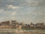 painting of a view of a city with a river and a bridge