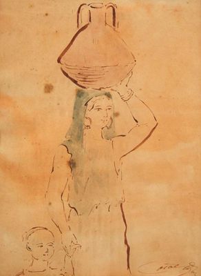drawing of a woman carrying a water jug on her head
