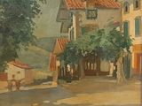 painting of a street scene with a horse and carriage in the foreground