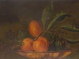 peinture représentant des oranges dans un bol, accompagnées de feuilles et de baies, posées sur une table