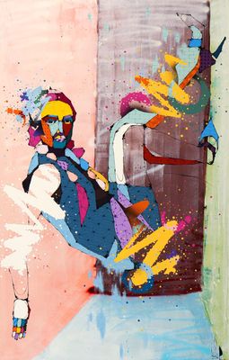 a painting of a man riding a skateboard down the street