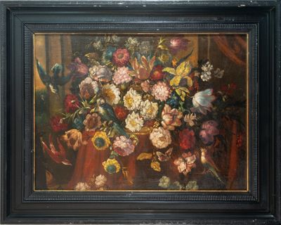 an oil painting of flowers in a vase on a table