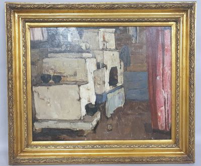 an oil painting of a kitchen scene with a stove and refrigerators