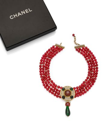 chanel red beaded necklace and earrings set