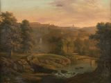 painting of a landscape with a river and a castle in the distance