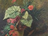 an oil painting of a potted plant with pink flowers on a table