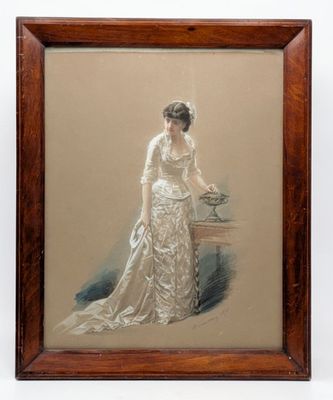 an image of a painting of a woman in a white dress