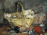 une peinture représentant un panier de bananes posé sur une table