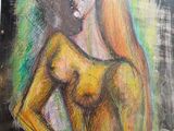 painting of a woman in a yellow dress holding a gun