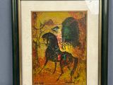 tableau représentant un homme à cheval dans un champ bordé d'arbres
