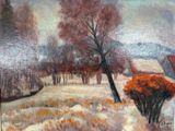 an oil painting of a snowy landscape with a house and trees in the foreground