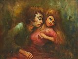 an oil painting of a man and a woman hugging each other