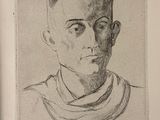 drawing of a man with a scarf on his neck in a black and white photo