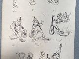 dessin représentant différentes poses d'un homme et d'une femme sur une feuille de papier