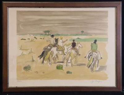 tableau représentant un groupe de personnes à cheval dans le désert