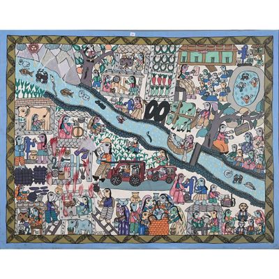 une image représentant un tableau d'une ville avec des personnages et une rivière