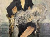 une image représentant un tableau où l'on voit une femme assise sur une chaise avec un chien