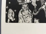 un dessin en noir et blanc d'un groupe de personnes