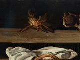 a painting of two cats sitting on a ledge next to a basket of food