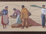 a picture of a painting of a group of people with a baseball bat