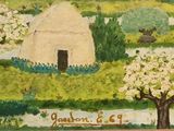 a painting of a house and trees in a field