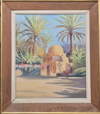 une peinture à l'huile représentant un paysage désertique avec des palmiers et un bâtiment