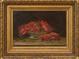 une peinture à l'huile représentant des homards dans un saladier posé sur une table