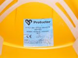 a yellow hard hat with a safety tag on it
