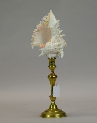 a gold candle holder with a white shell on top of it