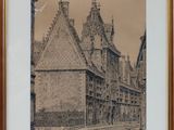 an old picture of a building with a clock on the top of it