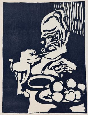 black and white drawing of a man sitting at a table with a plate of food