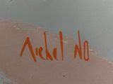a picture of a painting with orange writing on it