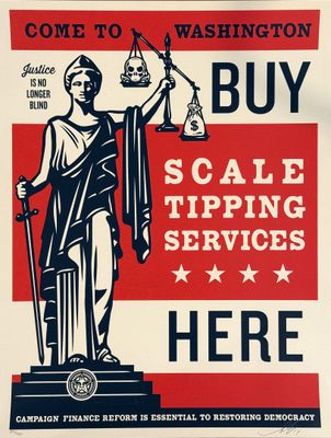 a poster with a lady holding a scale of justice and a scale of justice
