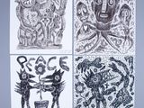 four black and white drawings of different animals and people