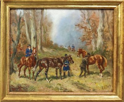 peinture d'un groupe de personnes à cheval dans une zone boisée