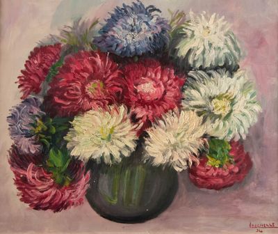 une peinture de fleurs dans un vase sur une table