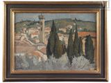 an oil painting of a view of a town with a clock tower