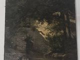 une image représentant un tableau où l'on voit un homme et un chien dans un environnement boisé