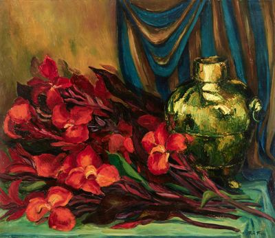 a painting of a vase and some red flowers on a table