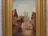 an oil painting of a street scene with buildings and people