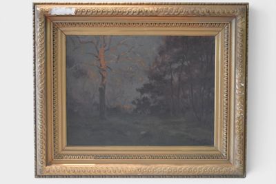an image of a painting of a forest scene with trees in the foreground