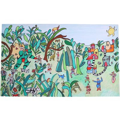 un tableau représentant un groupe de personnes dans les bois