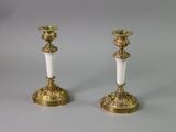 pair of antique brass candlesticks with opalized white marbles