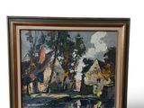 une peinture à l'huile représentant une maison et des arbres dans un environnement boisé
