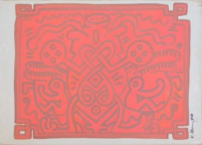 an image of a red and black painting on a white wall